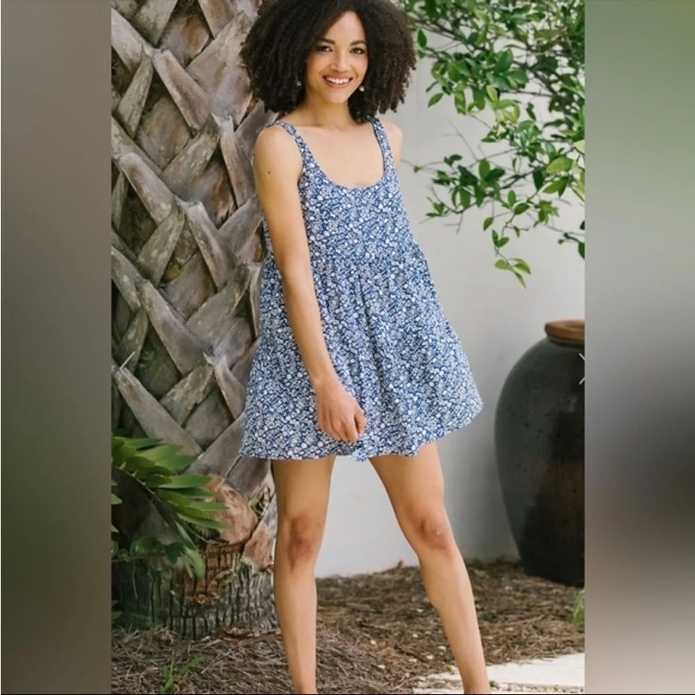 altar'd state Blue White Ditsy Floral Ruffled Prairie Boho Romper Skort Dress Sm